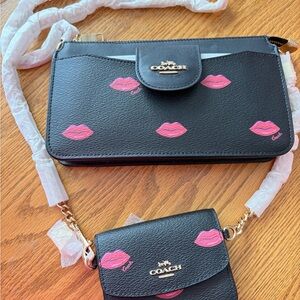 Coach Poppy crossbody Black and hot Pink Lip Print Bag Set